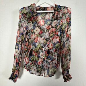 By Anthropologie Womens Floral Print Ruffle Collar Peasant Blouse Medium Multi